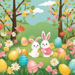 easter clipart,hiding colorful eggs in a whimsical garden 