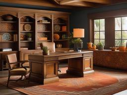 Spanish Revival home office incorporates warm colors, decorative tiles, and rustic furniture for a vibrant and inviting workspace.  