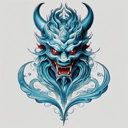 Japanese Water Demon Tattoo - Tattoo depicting a water demon inspired by Japanese mythology.  simple color tattoo,white background,minimal