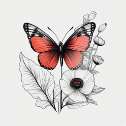 butterfly poppy tattoo  simple color tattoo, minimal, white background