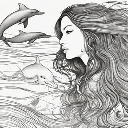 drawing of a mermaid with dolphins  minimal rough sketch scribbles,doodles,black and white