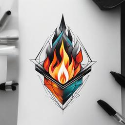 geometric fire tattoo  simple color tattoo,white background
