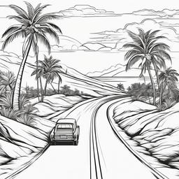 A scenic drive with palm trees lining the road  simple coloring pages