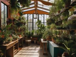 The greenhouse showcases surrealist interior design with vibrant plants, whimsical decor, and creative shelving that create an inspiring environment for gardening and plant care.  