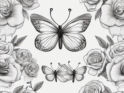 drawing of butterflies with blooming roses  minimal rough sketch scribbles,doodles,black and white