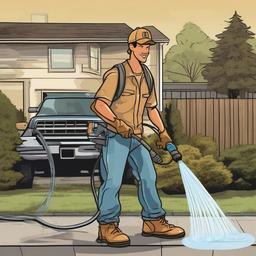 Create a flat illustration or clip art of a handsome young man with light tan skin and hazel green eyes. He is wearing a snapback hat, a t-shirt, jeans, and Georgia boots. The young man has a slight light mustache and a slight light goatee growing in. Depict him in the action of power washing residential driveways. Show the young man holding a power washer with water spraying out, emphasizing his work activity."  , vector illustration, clipart