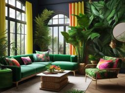 Tropical Paradise Lounge - Create a tropical paradise with lush greenery in your living room. , living room decor ideas, multicoloured, photo realistic, hyper detail, high resolution,