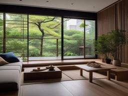 The balcony showcases Japanese Zen interior design with comfortable seating, natural materials, and a minimalist aesthetic that create an inviting space for relaxation and gatherings.  