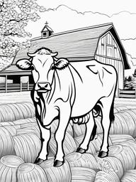 Cow Coloring Pages - Cow standing next to a barn with hay bales  simple coloring pages