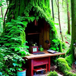 fairy tale forest office with enchanted tree stump desk and mossy walls. 