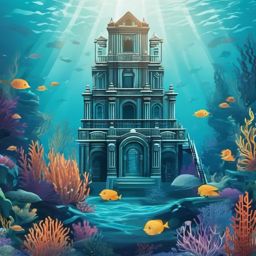 Underwater Atlantis Dwelling Sticker - Explore the depths of the ocean with the fantastical and underwater Atlantis dwelling sticker, , sticker vector art, minimalist design