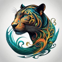 Energetic panther swirls tattoo. Spiraling essence of the jungle.  color tattoo, white background