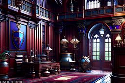 medieval castle library with grand tapestries and suits of armor. 