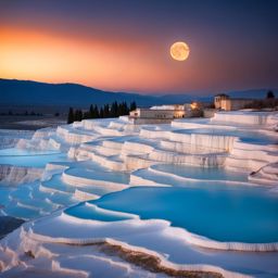 pamukkale, turkey - illustrate the surreal white terraces of pamukkale, illuminated by the soft glow of the moon. 