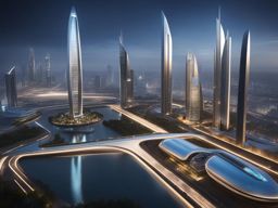explore the futuristic design of a space-age city, with sleek skyscrapers and high-tech infrastructure. 