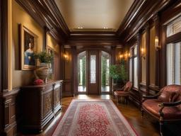 The hallway showcases Italian Renaissance interior design through detailed moldings, rich tapestries, and classical decor, creating an inviting passage that reflects timeless elegance.  