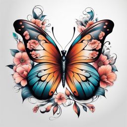 Floral butterfly tattoo, Tattoos that blend the grace of butterflies with floral elements. colors, tattoo patterns, clean white background