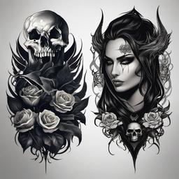 Demon and Skull Tattoos-Dark and edgy tattoos featuring both demons and skulls, capturing themes of the supernatural.  simple color tattoo,white background