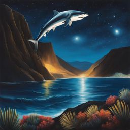 guadalupe island - craft a surreal night painting of guadalupe island, a remote paradise for shark diving, with the shimmering sea and constellations above. 