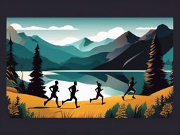 Mountain Trail Running Nature Clipart - Trail runners immersed in the beauty of nature during a run.  color vector clipart, minimal style