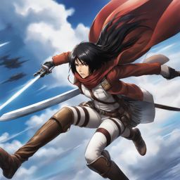 mikasa ackerman soars through the sky, engaging in aerial combat with a titan shifter. 