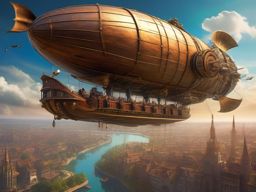Gigantic airship, its gears and propellers humming with life, hovers over a steampunk city, offering passage to distant lands in a world of fantasy and invention. hyperrealistic, intricately detailed, color depth,splash art, concept art, mid shot, sharp focus, dramatic, 2/3 face angle, side light, colorful background