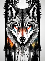 wolf forest tattoo  simple color tattoo,white background