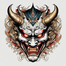 Hannya Tattoo Mask-Classic and artistic tattoo design featuring the Hannya mask, a symbol of Japanese folklore.  simple color tattoo,white background
