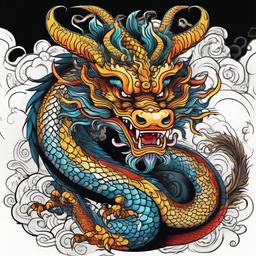 chinese style dragon full color on top, ram face horoscope style down the dragon on black and withe.  ,tattoo design, white background