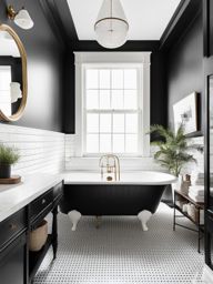 classic black and white bathroom with subway tile and a clawfoot tub. 