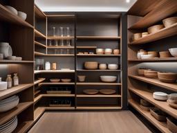 The pantry showcases Japanese Zen interior design with organized shelving, natural finishes, and a clean aesthetic that makes food storage both practical and visually appealing.  