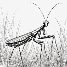 drawing of a praying mantis in the grass  minimal rough sketch scribbles,doodles,black and white