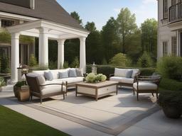 Neoclassical patio features simple furniture, decorative moldings, and classic finishes that create an elegant and timeless outdoor space.  