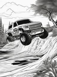 Monster Truck Leaping Over Rivers Coloring Pages - Trucks Soaring Across Water Gaps  minimal black outline printable sheet, coloring page