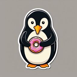 Penguin with Donut Sticker - A penguin delightfully enjoying a tasty donut. ,vector color sticker art,minimal