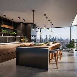 City Skyline Culinary Sanctuary - Design a kitchen with a skyline view and urban aesthetics. , kitchen layout design ideas, multicoloured, photo realistic, hyper detail, high resolution,