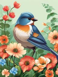 Bird clipart - bird in a garden with flowers  