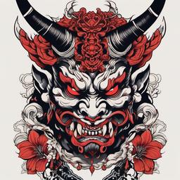Demon Oni Tattoo-Bold and intense tattoo featuring a demon Oni, capturing traditional Japanese and symbolic aesthetics.  simple color tattoo,white background