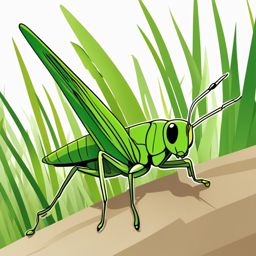 Green Grasshopper Close-Up Clip Art - Close-up of a green grasshopper on a blade of grass,  color vector clipart, minimal style