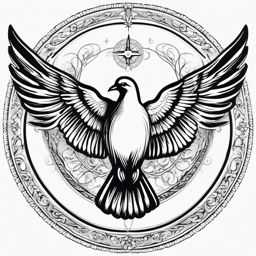 Holy spirit dove ink: Representation of divine guidance and peace in Catholic imagery.  black white tattoo, white background