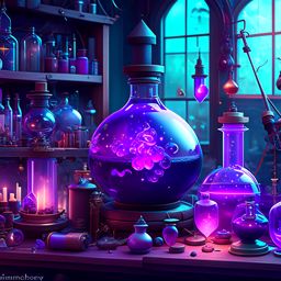 magical laboratory with bubbling potions and spellcasting equipment. 