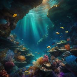 Mysterious underwater grotto, hidden beneath the ocean's surface, holds the treasures of the deep, where mermaids and aquatic life thrive in a world of secrets. hyperrealistic, intricately detailed, color depth,splash art, concept art, mid shot, sharp focus, dramatic, 2/3 face angle, side light, colorful background