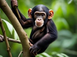 adorable baby chimpanzee swinging from tree branches in the jungle. 