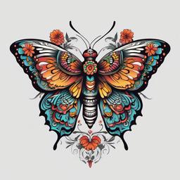 butterfly sugar skull  simple color tattoo, minimal, white background