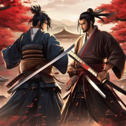 Feudal Japan dojo with skilled samurai dueling. anime, wallpaper, background, anime key visual, japanese manga