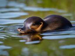 playful baby platypus splashing in a freshwater pond. 