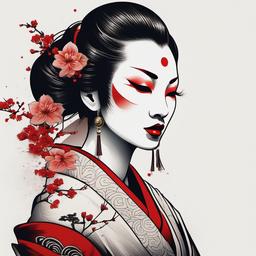 Geisha with Hannya Mask - A tattoo design that combines the elegance of a Geisha with the fierce expression of the Hannya mask.  simple color tattoo,white background,minimal