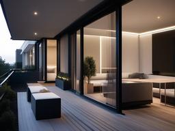 Bauhaus balcony showcases minimalist outdoor seating, simple geometric planters, and functional lighting, creating a sleek and efficient space for outdoor relaxation.  