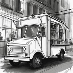 drawing of a food truck  minimal rough sketch scribbles,doodles,black and white