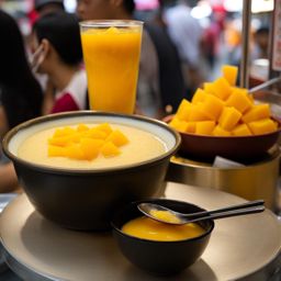 mango sago, a hong kong dessert, savored at a bustling street food market in mong kok. 